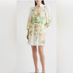 Tahari ASL White Floral Belted Mini Dress with Green Accents